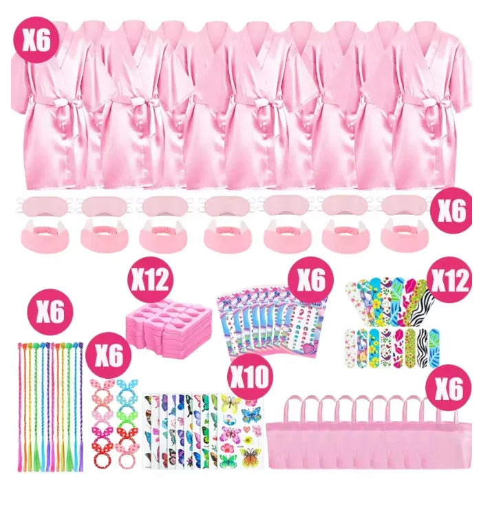 6/10/12 Set Spa Birthday Party Robes Gowns for Girls Kimono Satin Robe Hot Pink Spa Party Favors for Kids Child Birthday Spa Kit