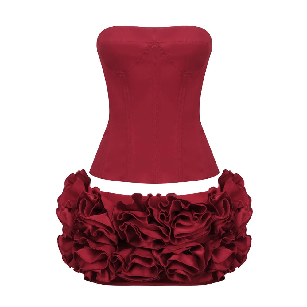 VC Christmas Dress Strapless Red Structured Top With Floral Embellished Mini Skirt Bodycon Celebrity Party Cocktail 2 Pieces Set
