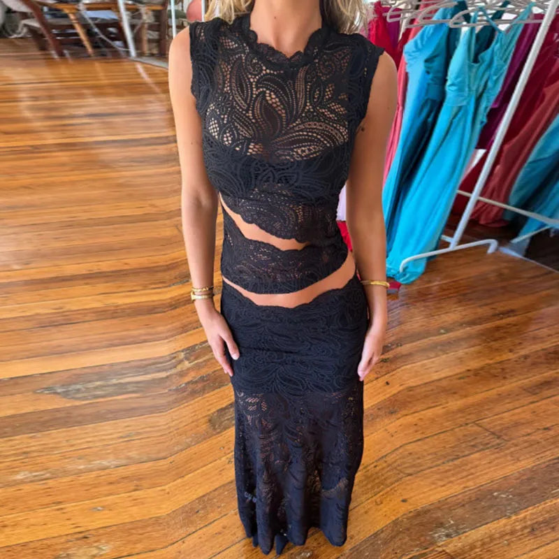 Red Sexy Hook Flower Hollow Lace Set Two Piece Crew Neck Crop Top and Fishtail Skirt Woman Outfit Spring Summer Slim Ladies Suit