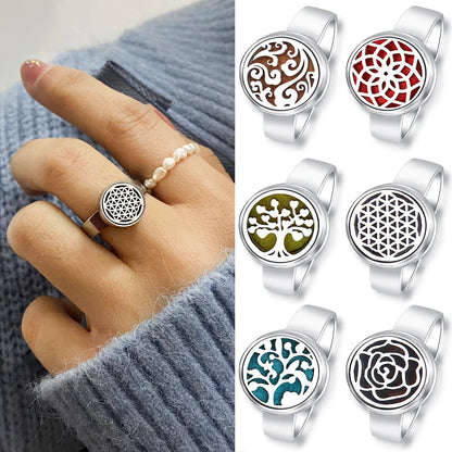 Fashion Tree Of Life Aromatherapy Ring Stainless Steel Spiral Open Perfume Diffuser Locket Heart-Shaped Angel Wing Rings Jewelry