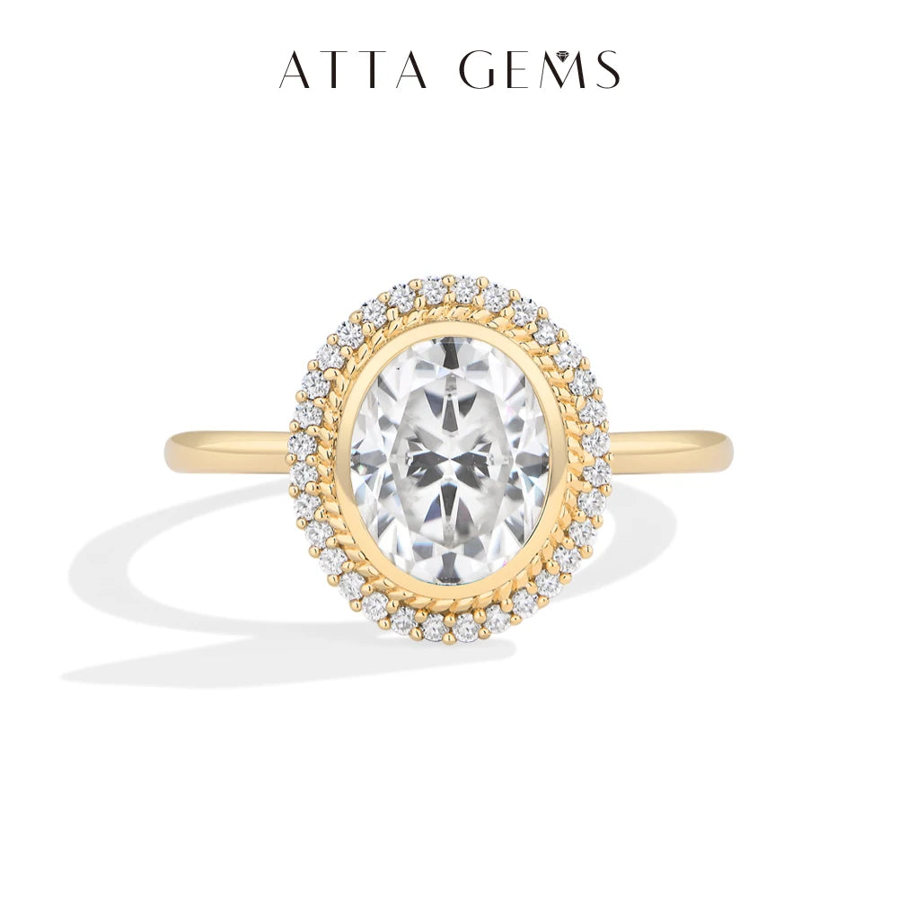 ATTAGEMS Oval Cut 2.0CT Moissanite Halo Engagement Ring for Women D VVS1 925 Silver 18K Gold Plated Luxury Band Wedding Jewelry