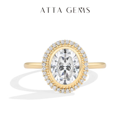 ATTAGEMS Oval Cut 2.0CT Moissanite Halo Engagement Ring for Women D VVS1 925 Silver 18K Gold Plated Luxury Band Wedding Jewelry