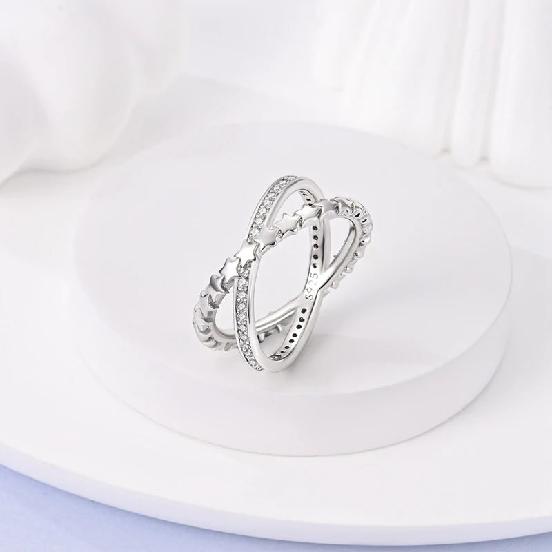 Original 925 Silver Sparkling Zircon Ring Stackable Classic Shine Stone Round Rings For Women Wedding Anniversary Jewelry Gift