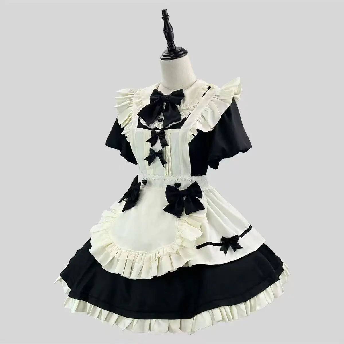 Autumn Japanese Cute Lolita Maid Style Sweet Two-piece Set Women's Puff Sleeve Doll Collar Dress and Bowknot Apron Vintage Set