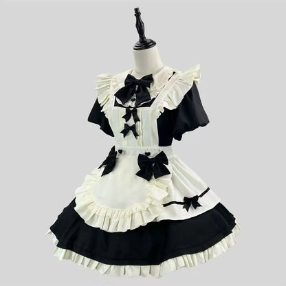 Autumn Japanese Cute Lolita Maid Style Sweet Two-piece Set Women's Puff Sleeve Doll Collar Dress and Bowknot Apron Vintage Set