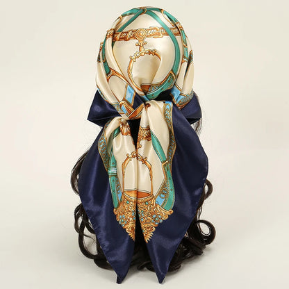 Satin Square Scarf Women Muslim Hijab Elegant 2025 Print Silk Neckerchief Shawl Wraps Headband Handle Hair Accessories Bandana
