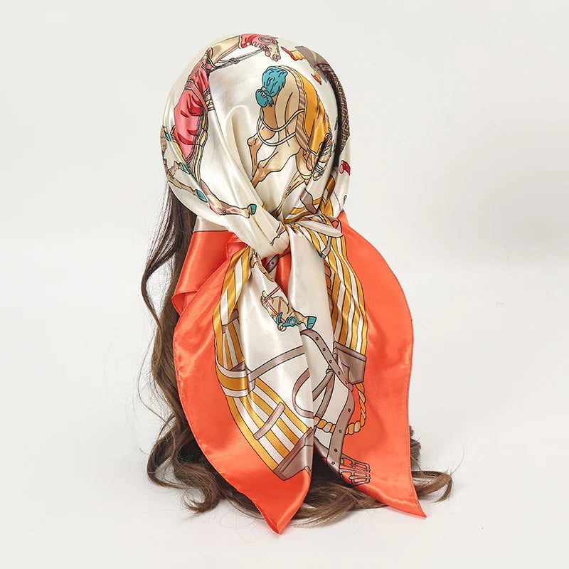 Satin Square Scarf Women Muslim Hijab Elegant 2025 Print Silk Neckerchief Shawl Wraps Headband Handle Hair Accessories Bandana