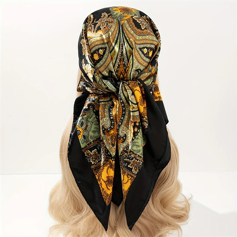 Satin Square Scarf Women Muslim Hijab Elegant 2025 Print Silk Neckerchief Shawl Wraps Headband Handle Hair Accessories Bandana