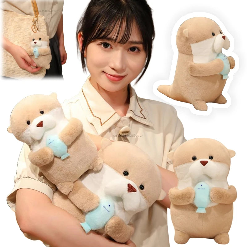 Kawaii Otter with Ffish Dolls Backpack Bag Pendant Soft  Pillow Cartoon Stuffed Plush Cute Home Decor Birthday Christmas Gifts