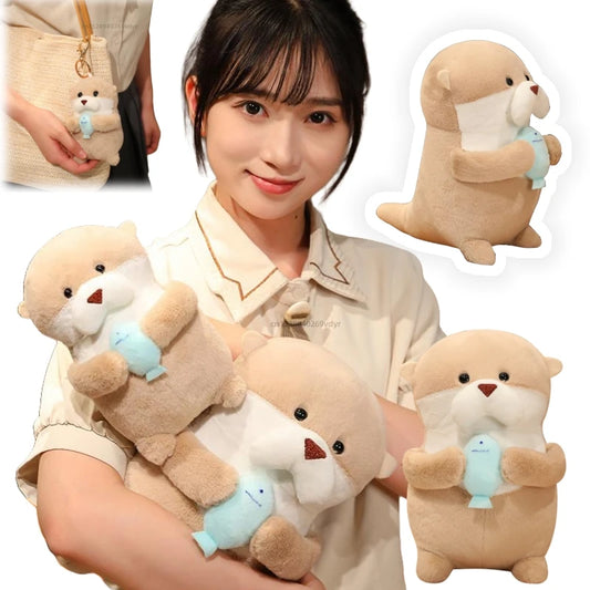 Kawaii Otter with Ffish Dolls Backpack Bag Pendant Soft  Pillow Cartoon Stuffed Plush Cute Home Decor Birthday Christmas Gifts