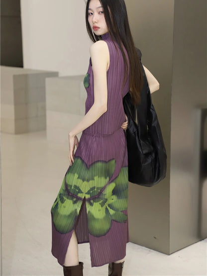 CHEERART Pleated Floral Summer Outfits For Women 2023 Purple Long Skirt And Sleeveless Top 2 Piece Set Fashion Designer Clothes