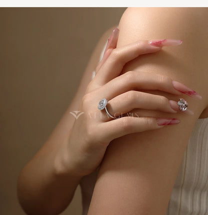 ATTAGEMS Oval Cut 2.0CT Moissanite Halo Engagement Ring for Women D VVS1 925 Silver 18K Gold Plated Luxury Band Wedding Jewelry