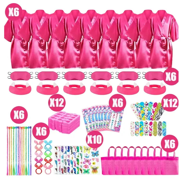 6/10/12 Set Spa Birthday Party Robes Gowns for Girls Kimono Satin Robe Hot Pink Spa Party Favors for Kids Child Birthday Spa Kit