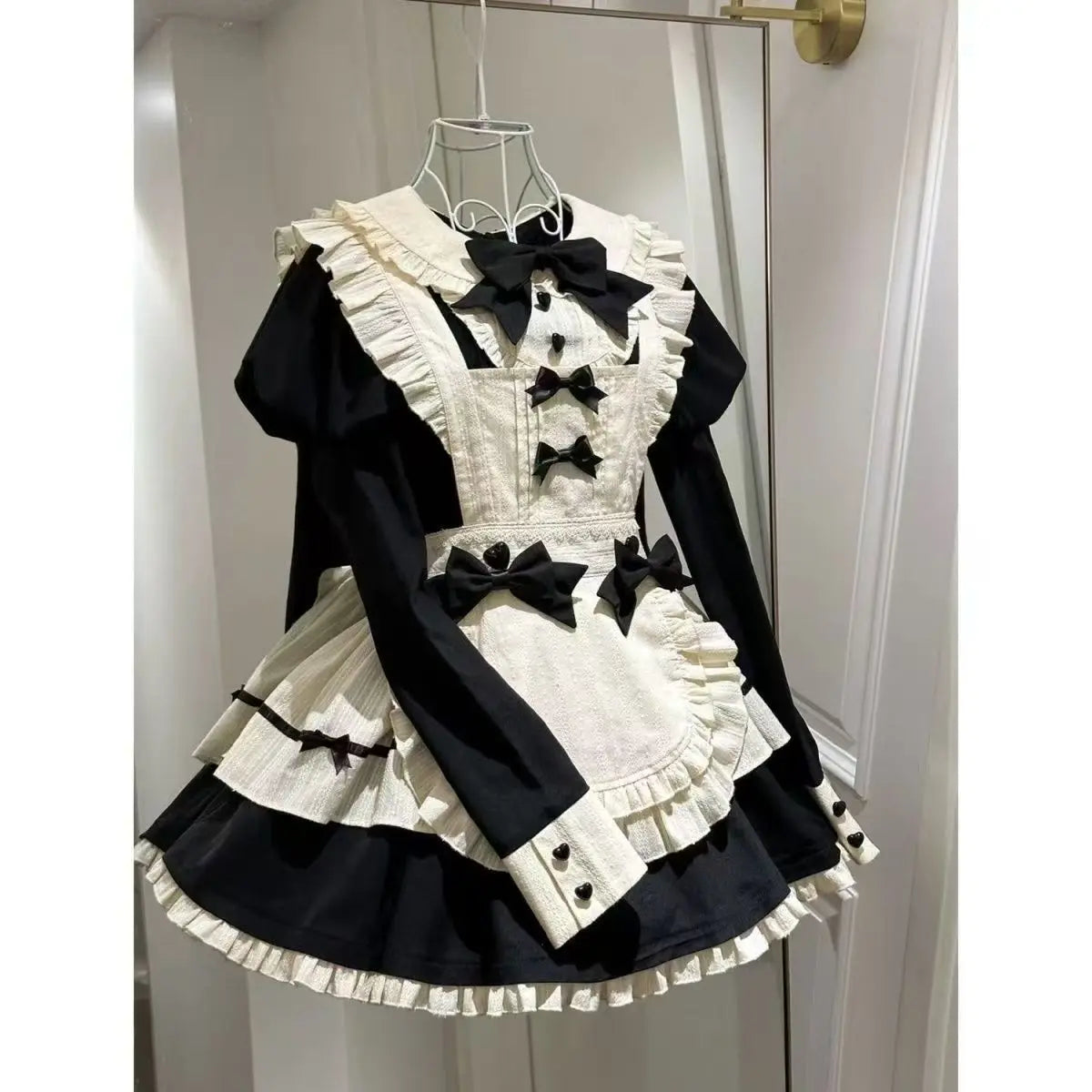 Autumn Japanese Cute Lolita Maid Style Sweet Two-piece Set Women's Puff Sleeve Doll Collar Dress and Bowknot Apron Vintage Set