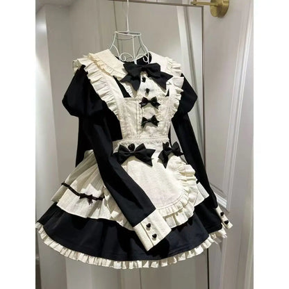 Autumn Japanese Cute Lolita Maid Style Sweet Two-piece Set Women's Puff Sleeve Doll Collar Dress and Bowknot Apron Vintage Set