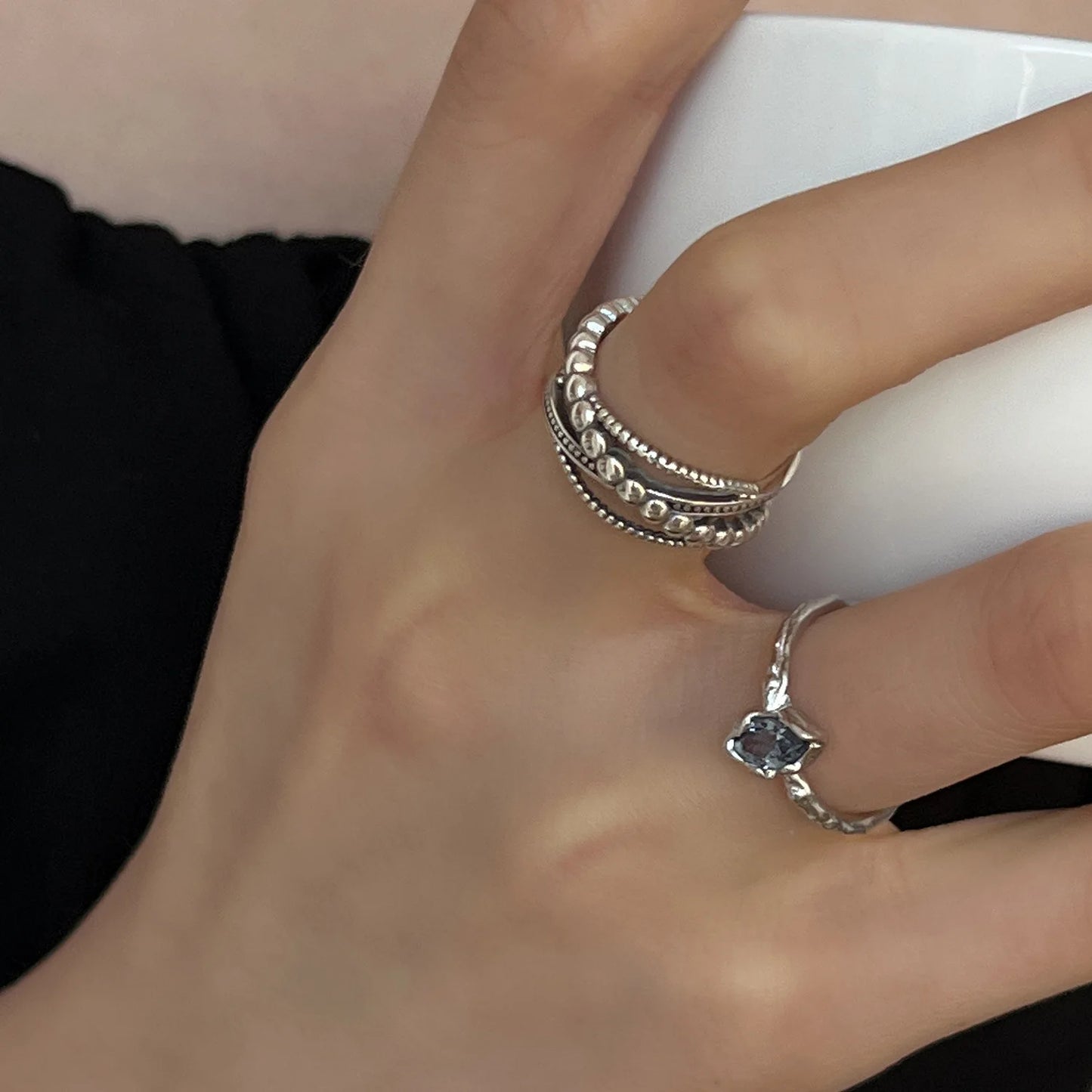 VENTFILLE 925 Sterling Silver Rings INS Fashion Hip Hop Vintage Couples Hollow Lines Punk Thai Silver Party Adjustable  Jewelry