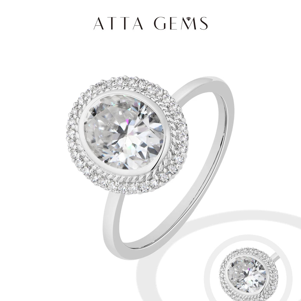 ATTAGEMS Oval Cut 2.0CT Moissanite Halo Engagement Ring for Women D VVS1 925 Silver 18K Gold Plated Luxury Band Wedding Jewelry