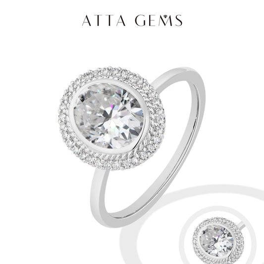 ATTAGEMS Oval Cut 2.0CT Moissanite Halo Engagement Ring for Women D VVS1 925 Silver 18K Gold Plated Luxury Band Wedding Jewelry
