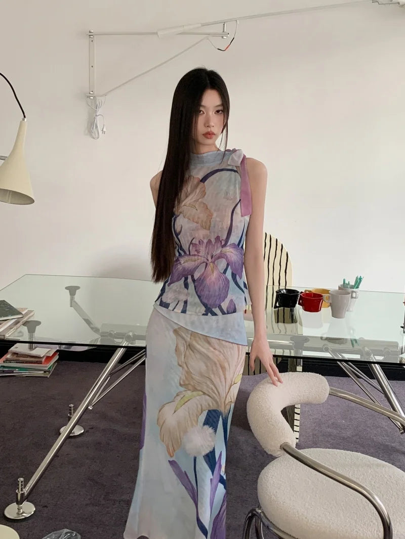 CHEERART Multi-Way Designer Floral 2 Pieces Set For Woman Summer Outfit Vintage Sleeveless Mesh Top And Long Maxi Skirt Sets