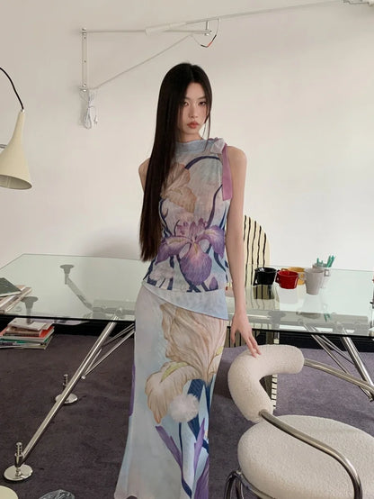 CHEERART Multi-Way Designer Floral 2 Pieces Set For Woman Summer Outfit Vintage Sleeveless Mesh Top And Long Maxi Skirt Sets
