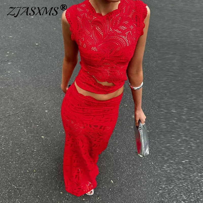 Red Sexy Hook Flower Hollow Lace Set Two Piece Crew Neck Crop Top and Fishtail Skirt Woman Outfit Spring Summer Slim Ladies Suit