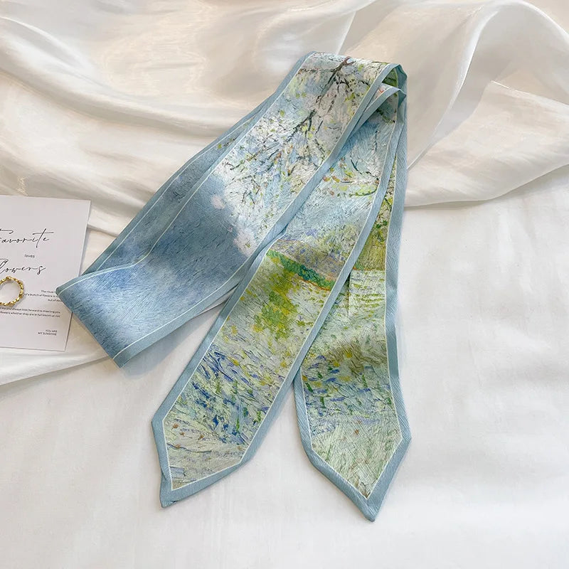 Diaphanous Fashion Headband Exquisite Thin Streamer Bag Strap Spring and Summer Oil Painting Style Small Ribbon Long Scarf Belt
