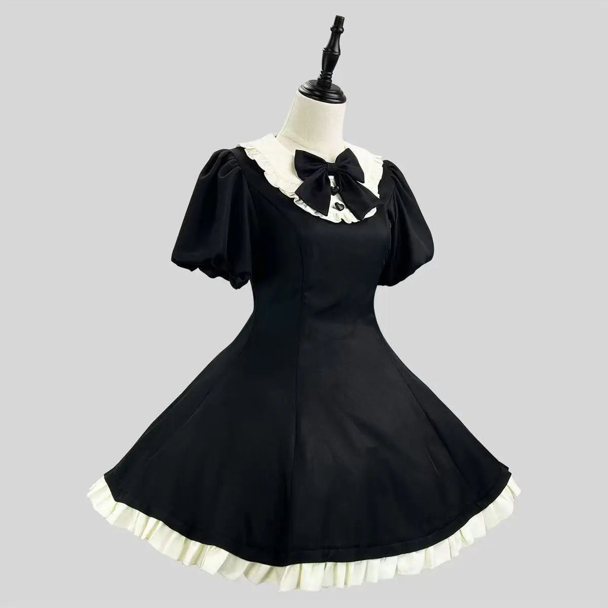 Autumn Japanese Cute Lolita Maid Style Sweet Two-piece Set Women's Puff Sleeve Doll Collar Dress and Bowknot Apron Vintage Set