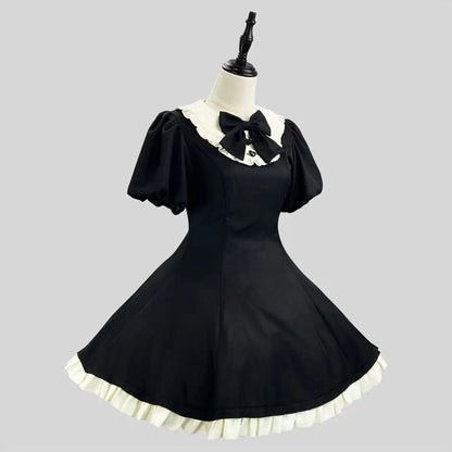 Autumn Japanese Cute Lolita Maid Style Sweet Two-piece Set Women's Puff Sleeve Doll Collar Dress and Bowknot Apron Vintage Set