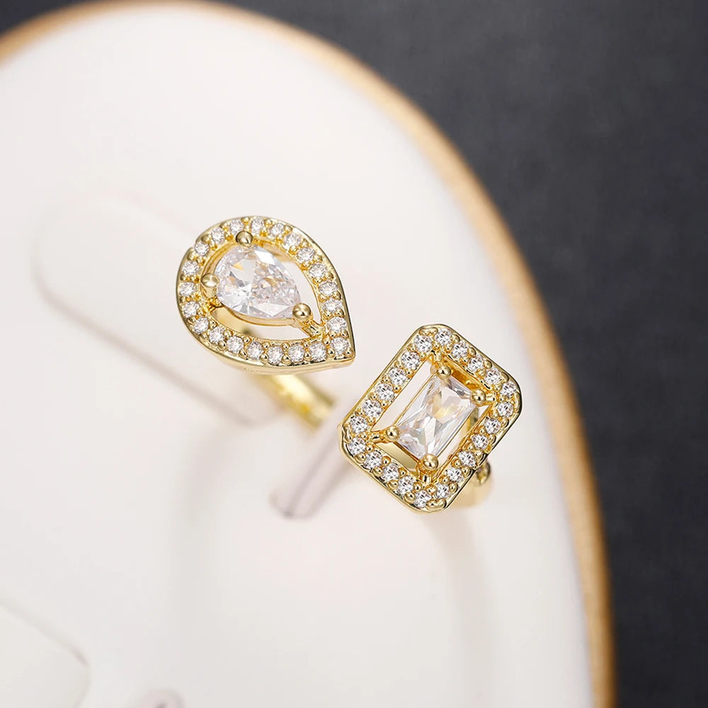 Huitan Geometric Shaped Cuff Opening Rings for Women Silver Color/Gold Color Noble Cubic Zirconia Ring Accessory Fashion Jewelry