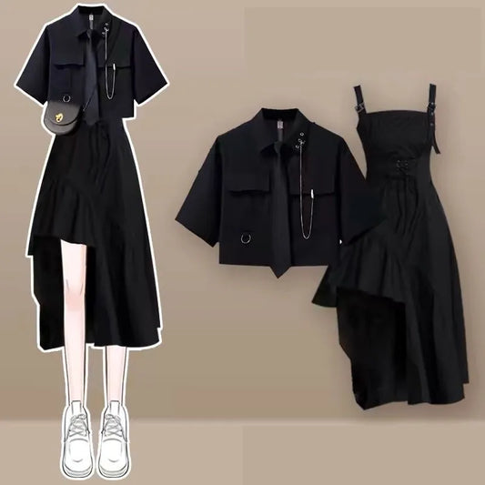 2026 Women's Summer New In Fashion Irregular Dress Matching Set Korean Elegant Short Sleeve Shirt+Strap Skirt Two Piece Suit