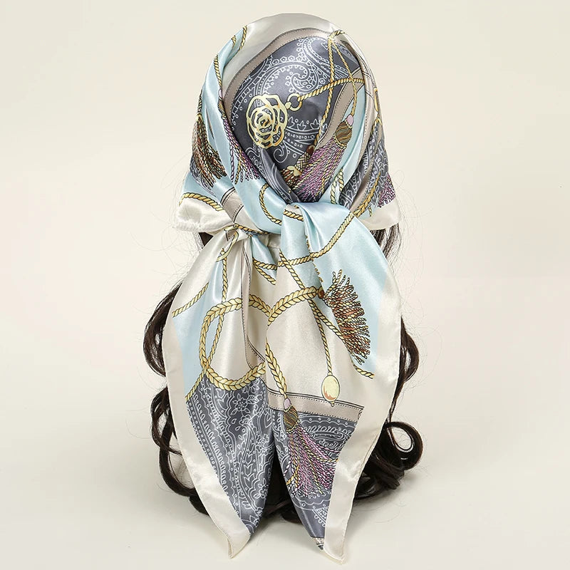 Satin Square Scarf Women Muslim Hijab Elegant 2025 Print Silk Neckerchief Shawl Wraps Headband Handle Hair Accessories Bandana