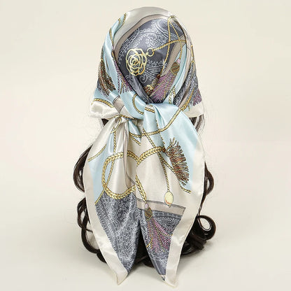Satin Square Scarf Women Muslim Hijab Elegant 2025 Print Silk Neckerchief Shawl Wraps Headband Handle Hair Accessories Bandana