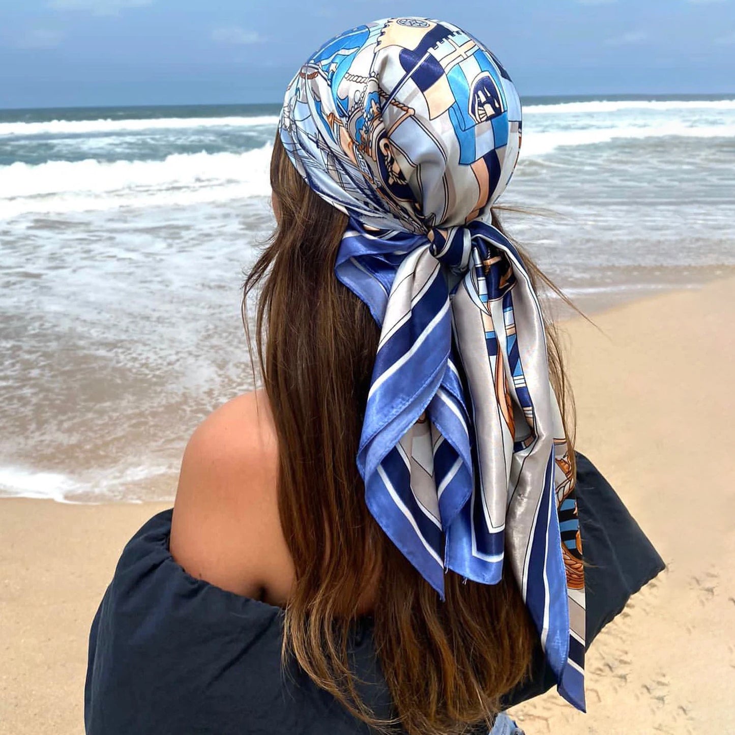 Satin Square Scarf Women Muslim Hijab Elegant 2025 Print Silk Neckerchief Shawl Wraps Headband Handle Hair Accessories Bandana