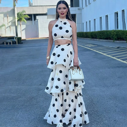 Tuularose Women Long Dress 2 Piece Elegant Polka Dot Sleeveless Top Ruffle Pleated Dress Set Luxury Party Sexy Female Dress Set