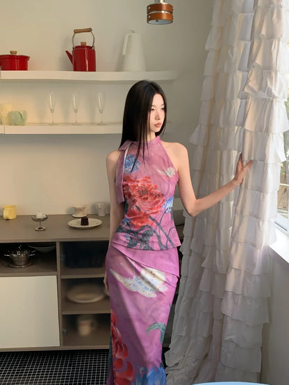 CHEERART Multi-Way Designer Floral 2 Pieces Set For Woman Summer Outfit Vintage Sleeveless Mesh Top And Long Maxi Skirt Sets