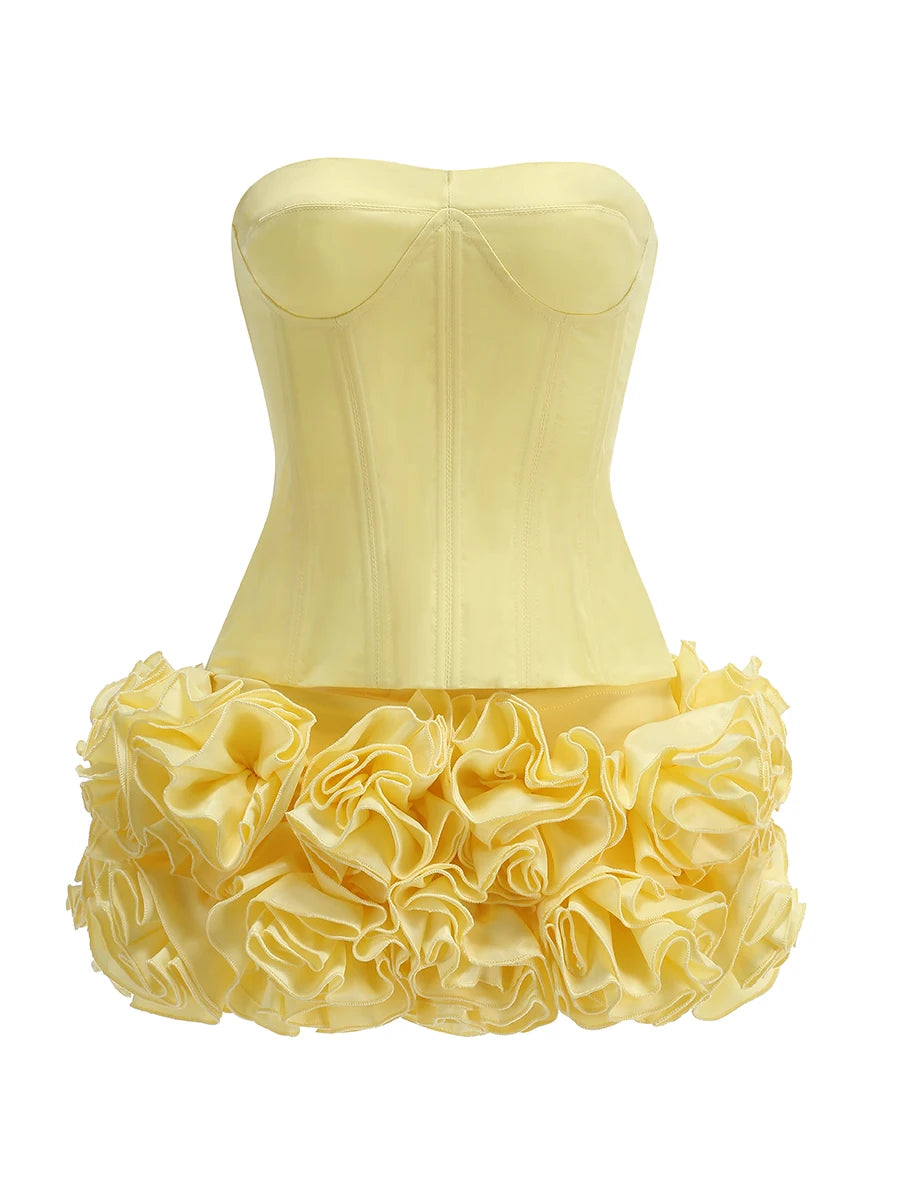 VC Christmas Dress Strapless Red Structured Top With Floral Embellished Mini Skirt Bodycon Celebrity Party Cocktail 2 Pieces Set