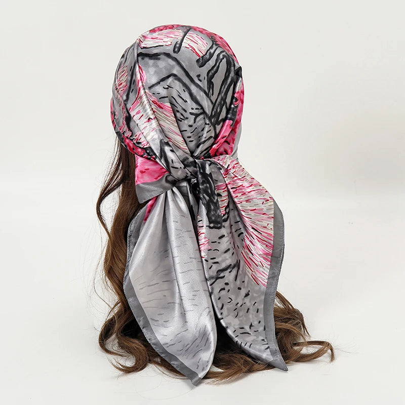 Satin Square Scarf Women Muslim Hijab Elegant 2025 Print Silk Neckerchief Shawl Wraps Headband Handle Hair Accessories Bandana