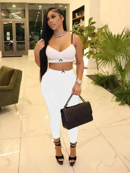 Sexy Two Piece Set Women Moon Tank Top Pants Ins High Street Summer Black Versatile Waist Slim Fit Outfit
