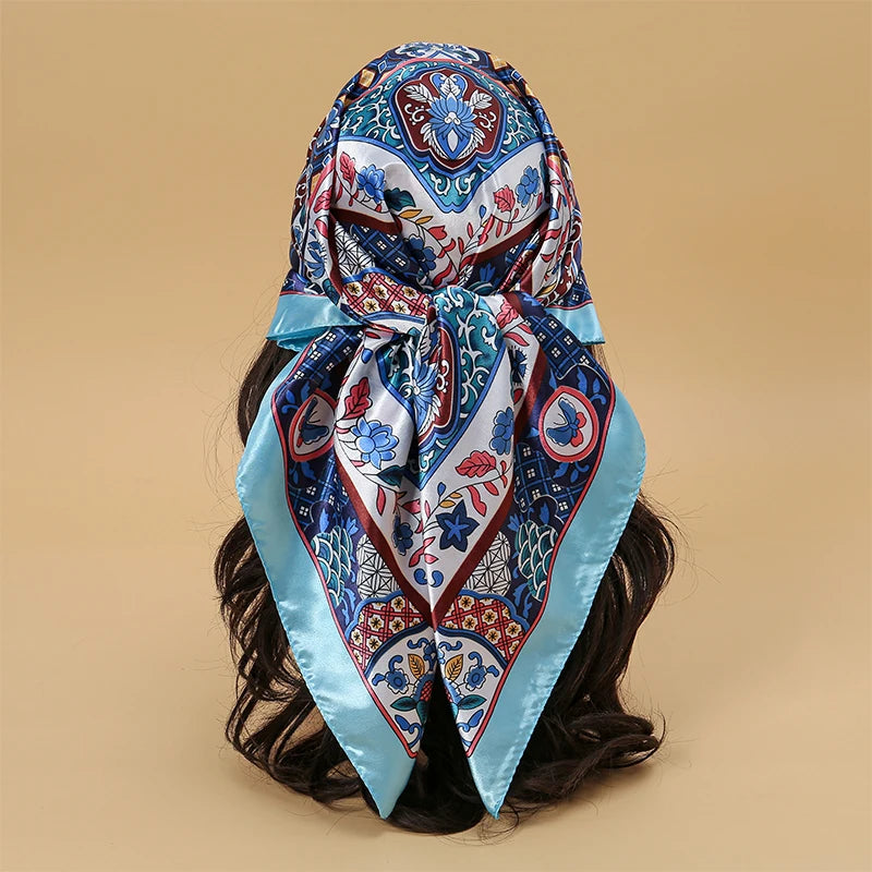 Satin Square Scarf Women Muslim Hijab Elegant 2025 Print Silk Neckerchief Shawl Wraps Headband Handle Hair Accessories Bandana
