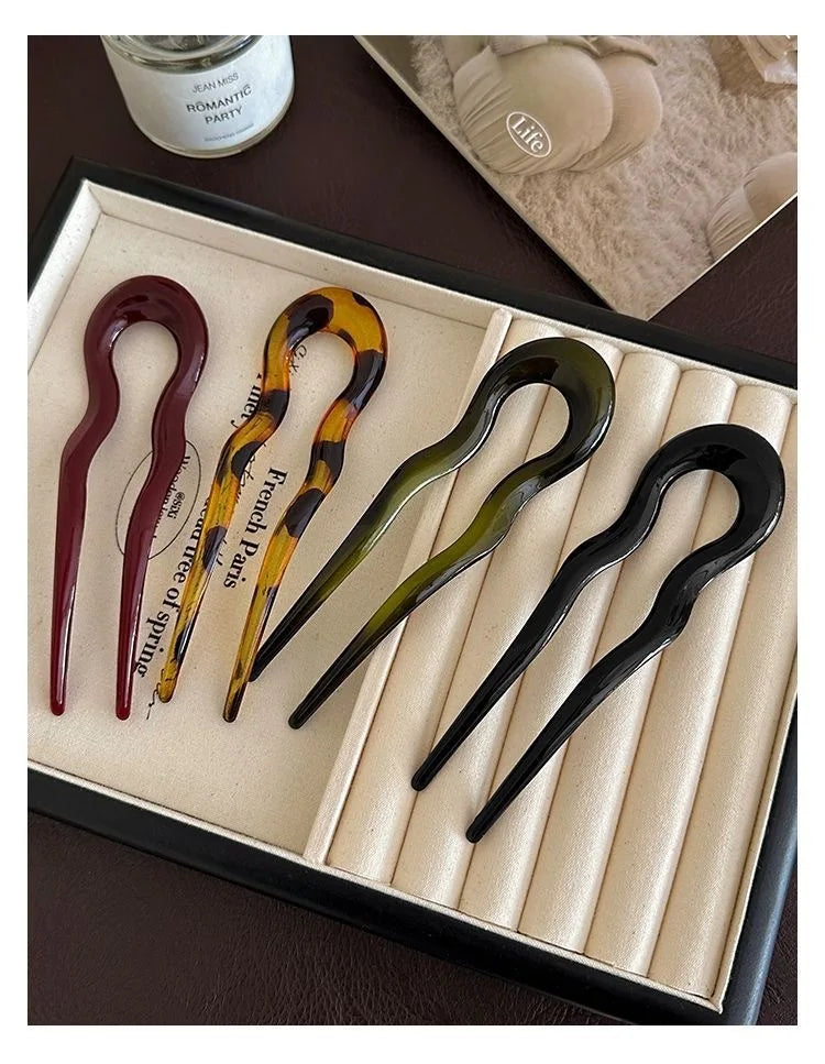 U-Shaped Hair Fork Fashion Tortoiseshell Acetate Hairpin Women Geometric Headwear Hair Sticks Girls New Hair Clips Accessories