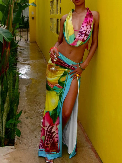 Weird Puss Colorful Leopard Women 2 Piece Set Y2K Beach Vacation Halter Tank Tops+Wrapped Maxi Skirts Matching Vacation Clubwear