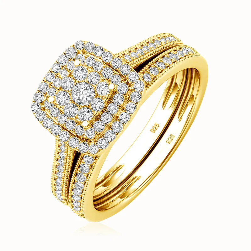 2PCS Yellow Gold Moissanite Engagement Rings set For Women 100% Real Pass Diamond Tester Wedding Band Jewelry Lover Couple Gifts