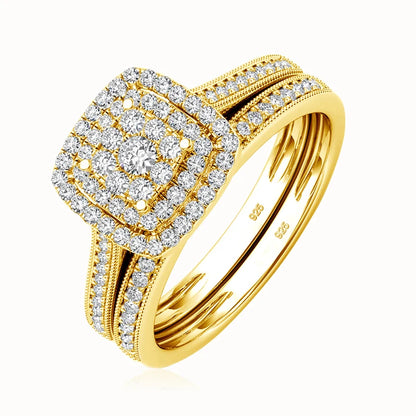 2PCS Yellow Gold Moissanite Engagement Rings set For Women 100% Real Pass Diamond Tester Wedding Band Jewelry Lover Couple Gifts