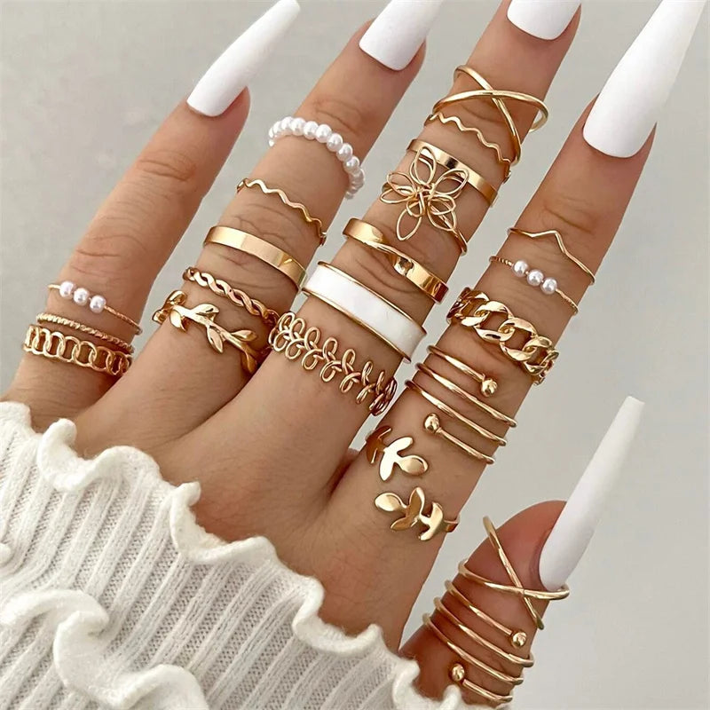 New Fashion Boho Geometric Pearl Knuckle Rings Set for Women Gold Silver Color Wave Leaf Zircon Heart Ring Party Jewelry Gift