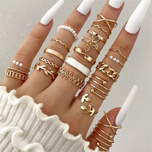 New Fashion Boho Geometric Pearl Knuckle Rings Set for Women Gold Silver Color Wave Leaf Zircon Heart Ring Party Jewelry Gift
