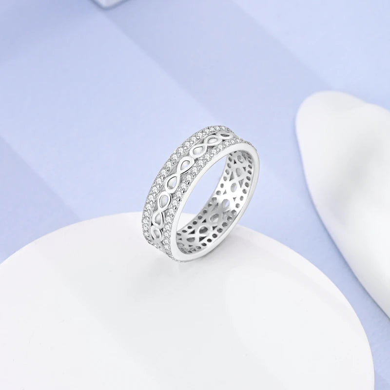 Original 925 Silver Sparkling Zircon Ring Stackable Classic Shine Stone Round Rings For Women Wedding Anniversary Jewelry Gift