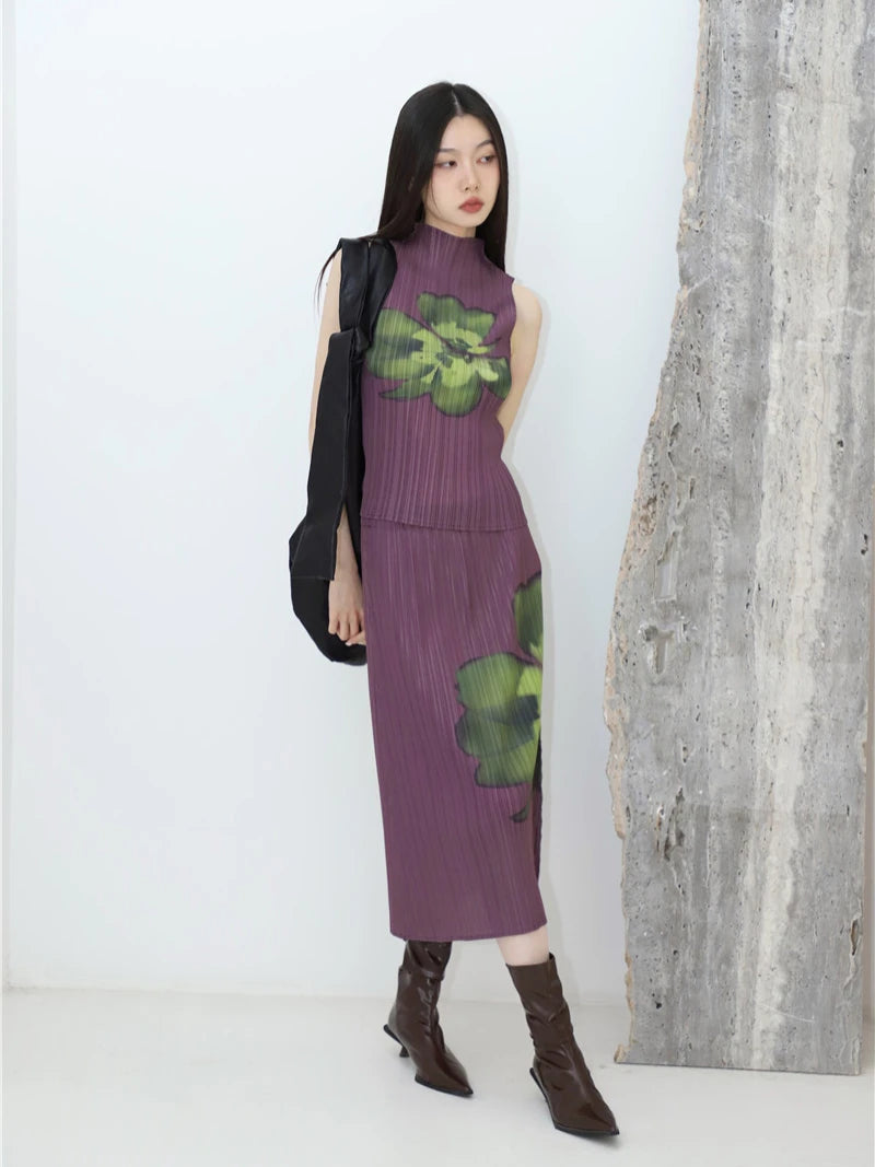 CHEERART Pleated Floral Summer Outfits For Women 2023 Purple Long Skirt And Sleeveless Top 2 Piece Set Fashion Designer Clothes