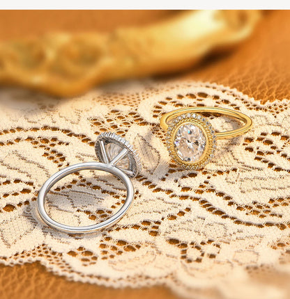 ATTAGEMS Oval Cut 2.0CT Moissanite Halo Engagement Ring for Women D VVS1 925 Silver 18K Gold Plated Luxury Band Wedding Jewelry