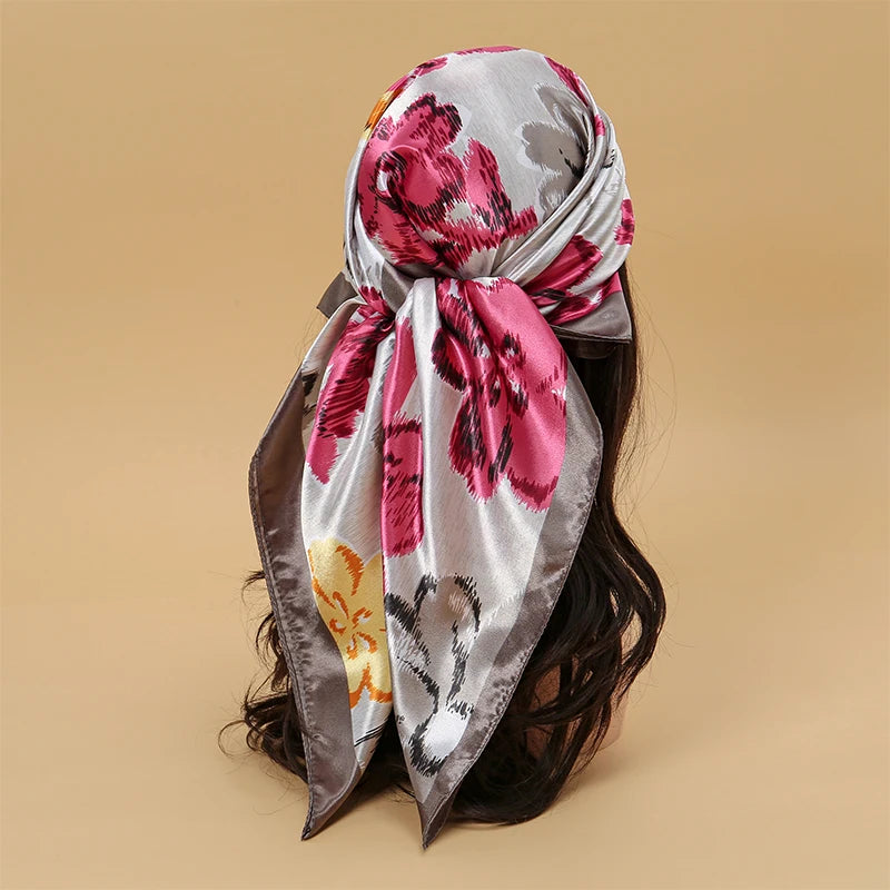 Satin Square Scarf Women Muslim Hijab Elegant 2025 Print Silk Neckerchief Shawl Wraps Headband Handle Hair Accessories Bandana