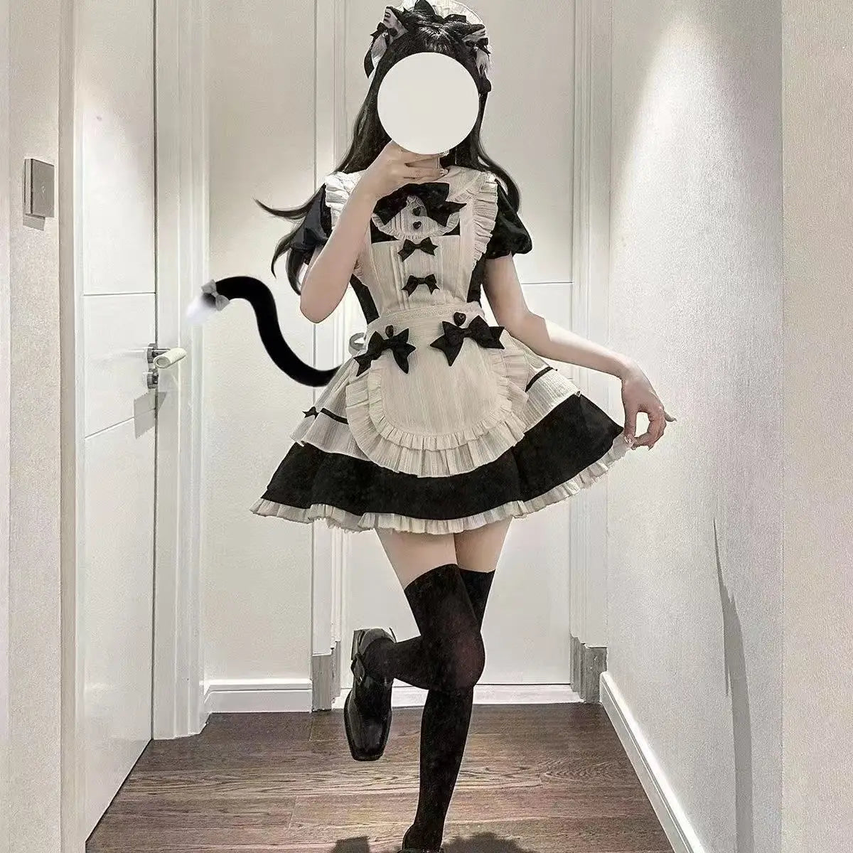 Autumn Japanese Cute Lolita Maid Style Sweet Two-piece Set Women's Puff Sleeve Doll Collar Dress and Bowknot Apron Vintage Set